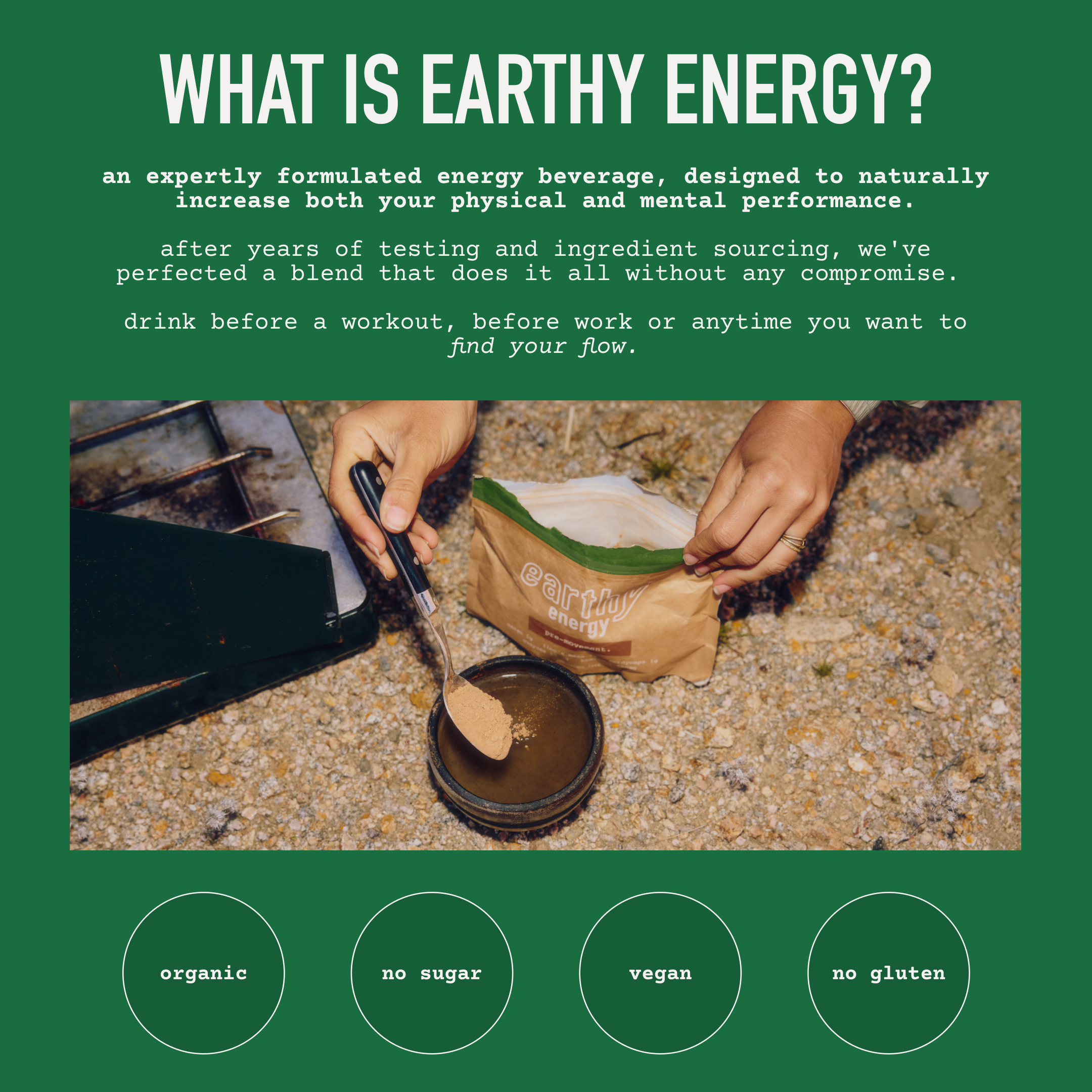 A package labeled 'earthy energy' on a yellow background with the text '1 BAG like it.' above.