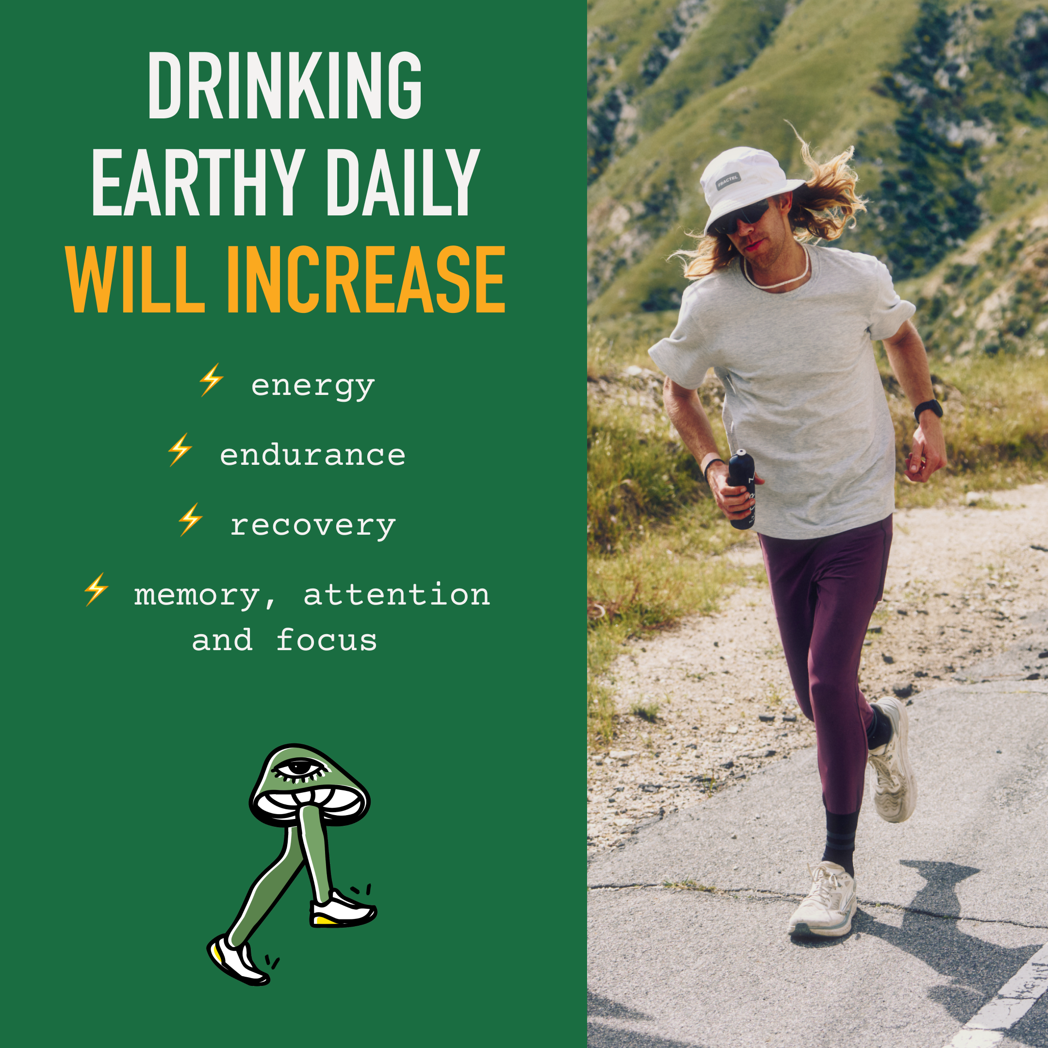 A package labeled 'earthy energy' on a yellow background with the text '1 BAG like it.' above.