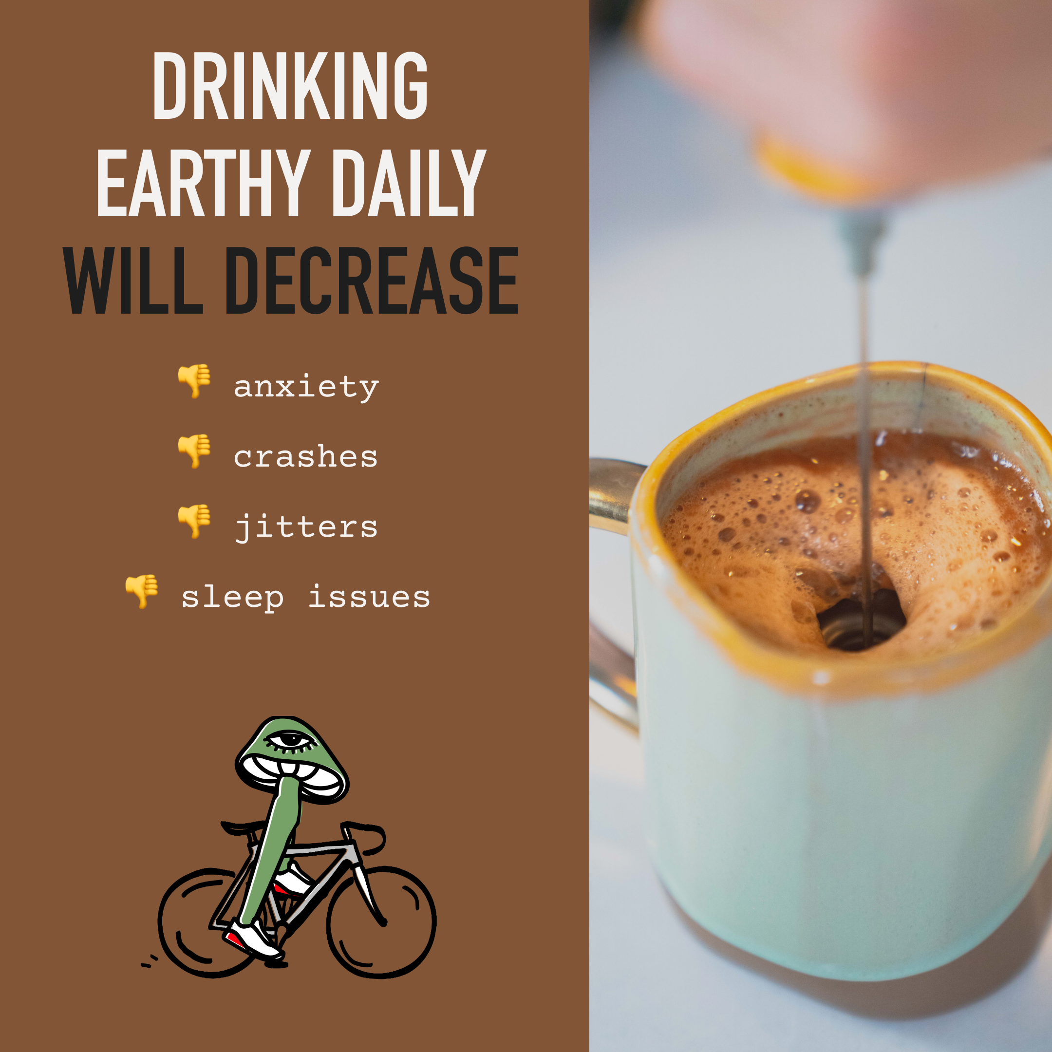 A package labeled 'earthy energy' on a yellow background with the text '1 BAG like it.' above.