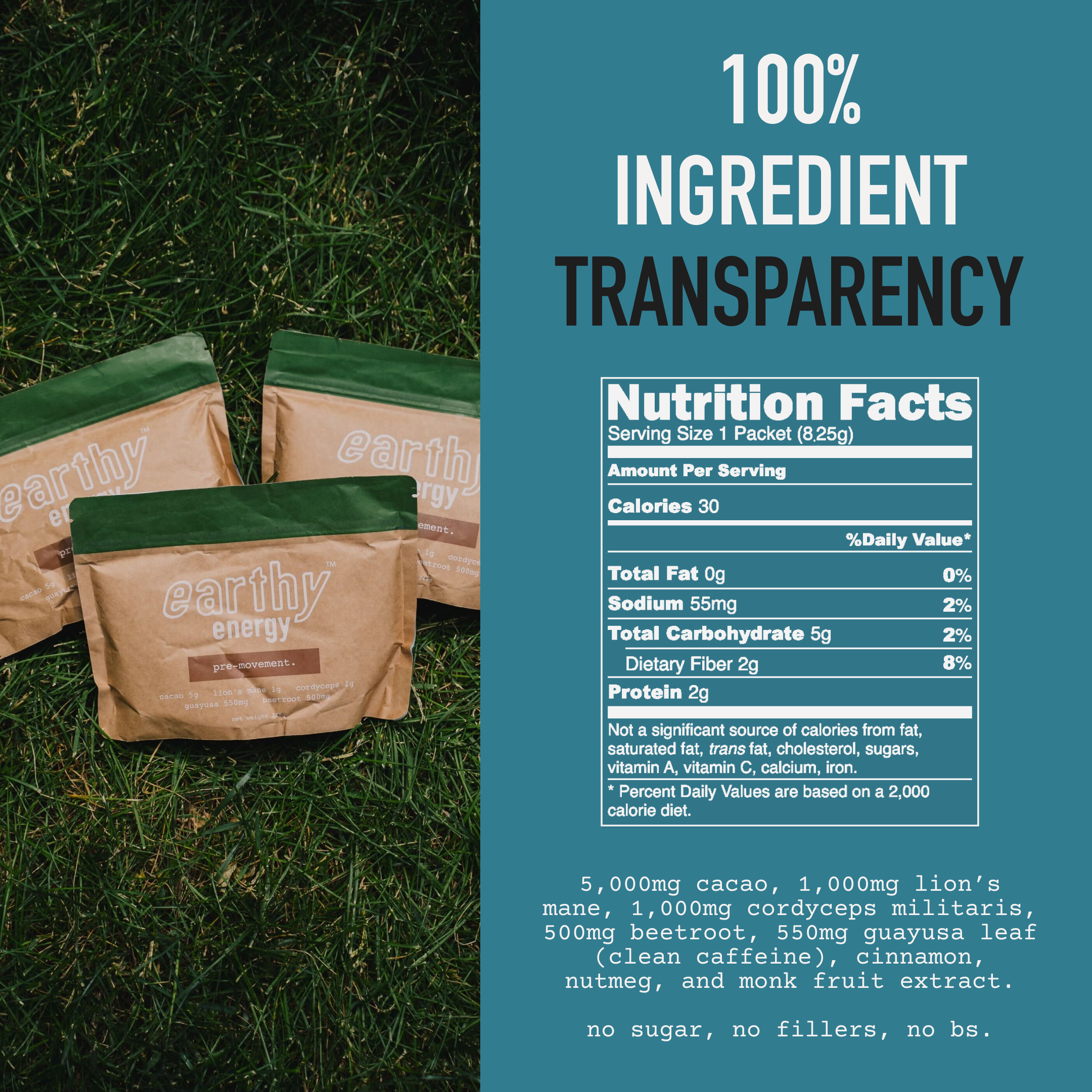 A package labeled 'earthy energy' on a yellow background with the text '1 BAG like it.' above.