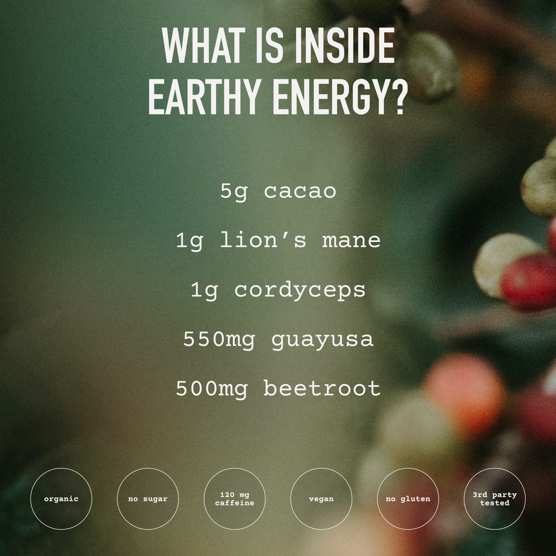 A package labeled 'earthy energy' on a yellow background with the text '1 BAG like it.' above.