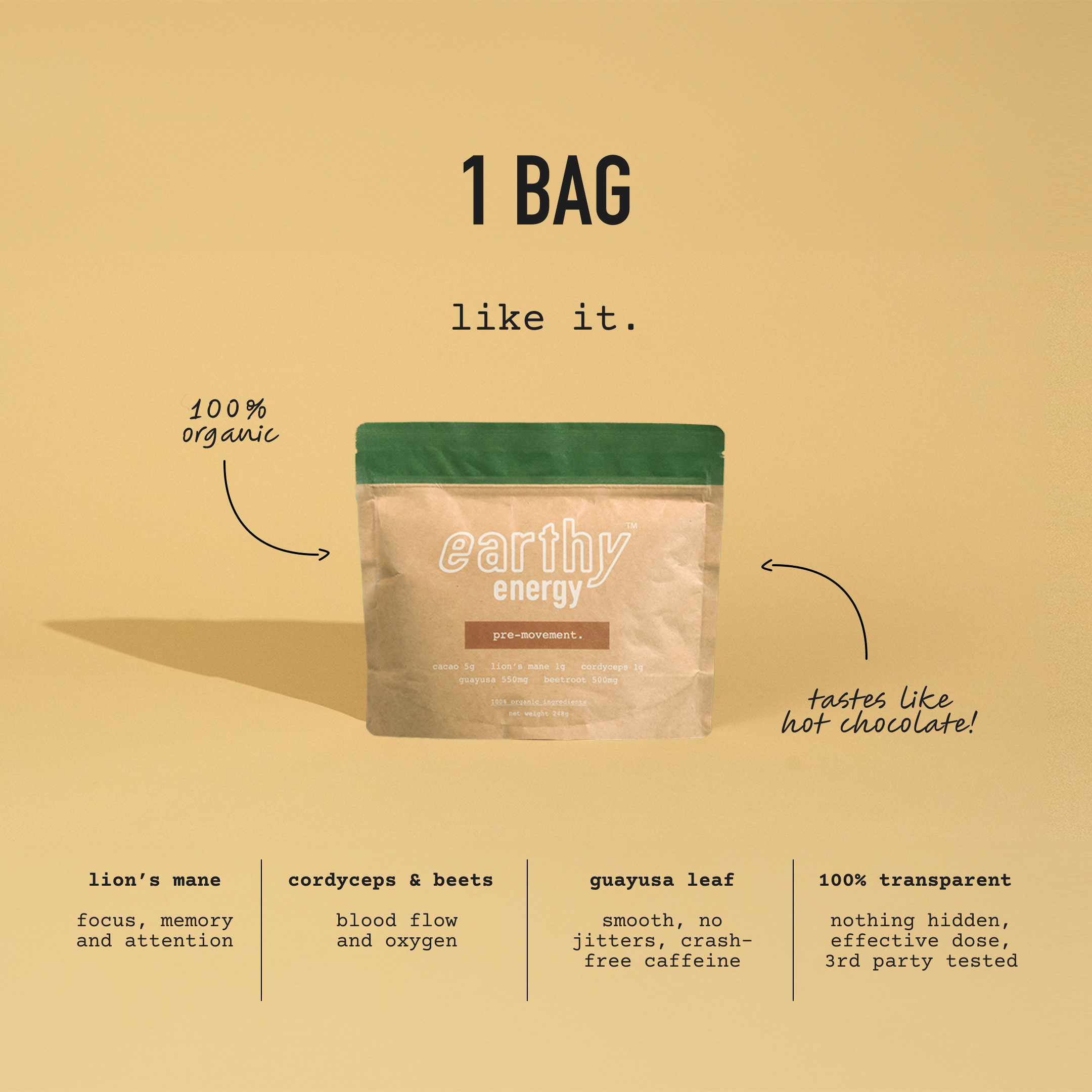 'Brown and green 'Earthy Energy' product bag against a beige background.'