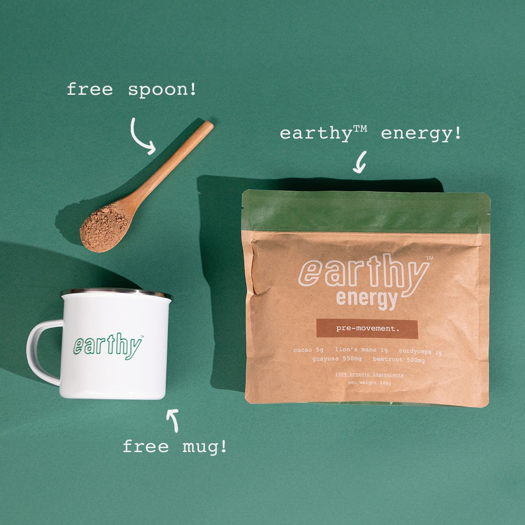 A package labeled 'earthy energy' on a yellow background with the text '1 BAG like it.' above.