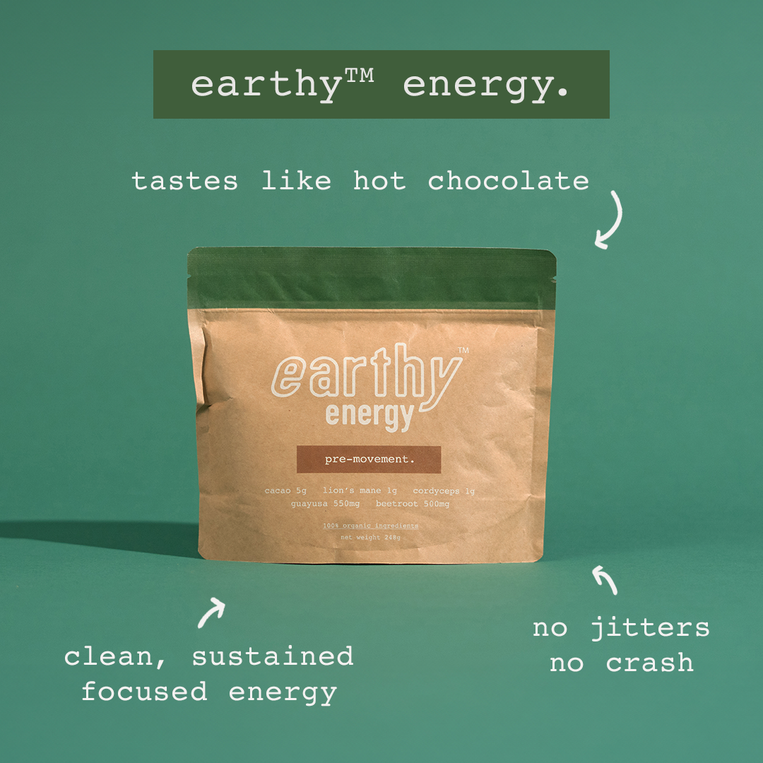 A package labeled 'earthy energy' on a yellow background with the text '1 BAG like it.' above.