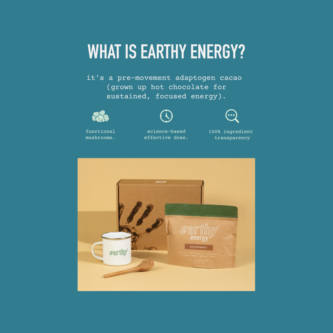 A package labeled 'earthy energy' on a yellow background with the text '1 BAG like it.' above.