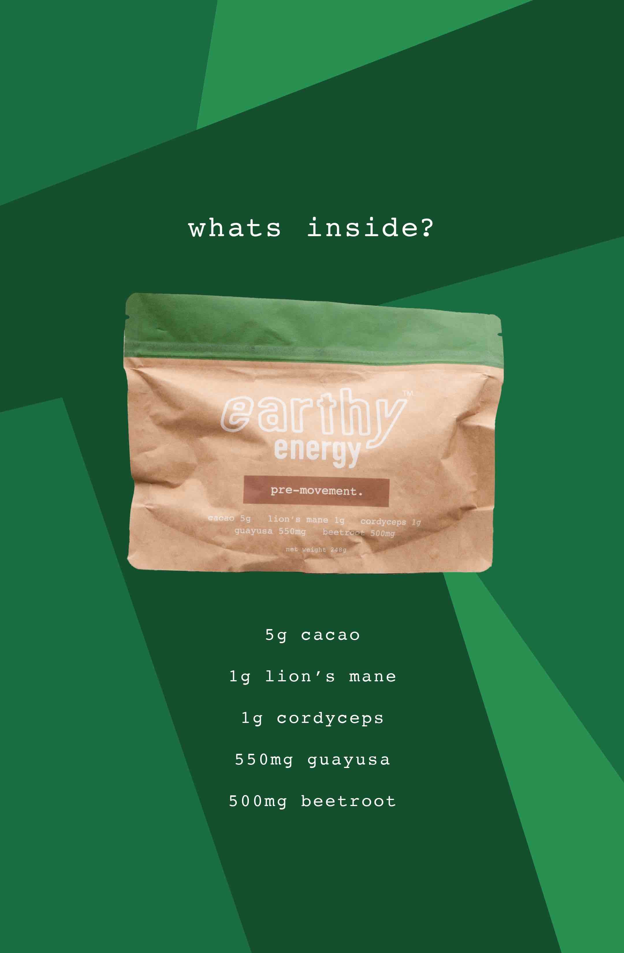 A package labeled 'earthy energy' on a yellow background with the text '1 BAG like it.' above.