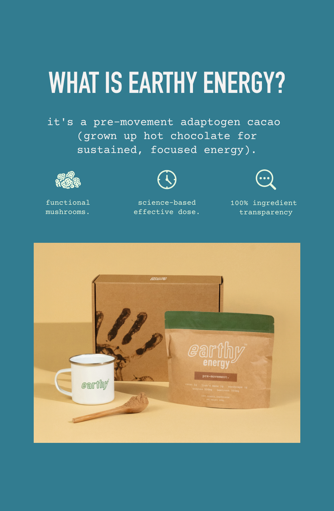 A package labeled 'earthy energy' on a yellow background with the text '1 BAG like it.' above.